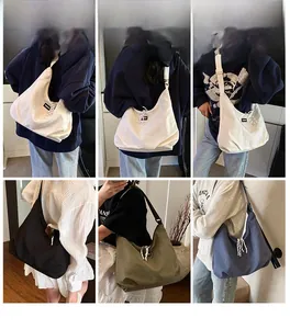 Collage showing various colors of large nylon tote bags worn as crossbody bags