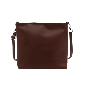 Minimalist dark brown square tote bag in matte PU leather with adjustable shoulder strap