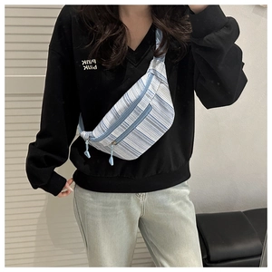 Detail view of blue and white striped canvas crossbody bag with multiple zipper pockets