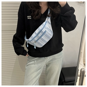 Détail d'un sac de poitrine en toile à rayures bleu clair avec forme demi-lune et fermeture
