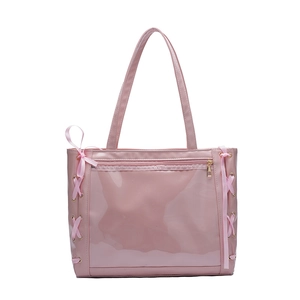 Pink ribbon bow tote bag with transparent PVC pocket and cute Japanese style
