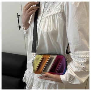 Macro detail of rainbow striped crossbody bag with metallic finish and wide black strap