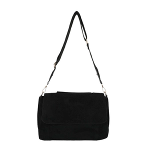 Minimalist black faux suede crossbody bag with elegant gold metal hardware and flap closure