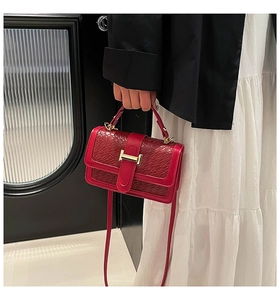 Detail of red woven leather handbag featuring a gold H-clasp and adjustable strap