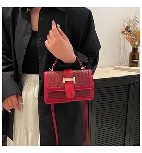 Detail of red crossbody bag featuring woven flap and golden metal clasp on interior background