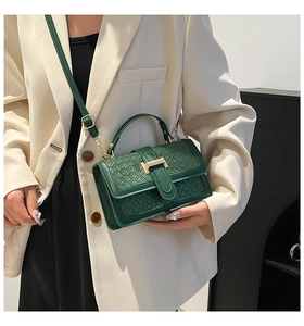 Close-up of dark green embossed crocodile texture bag with gold metallic buckle clasp