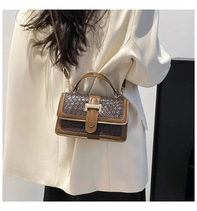 Detail showing faux leather crocodile texture and buckle on a brown crossbody bag