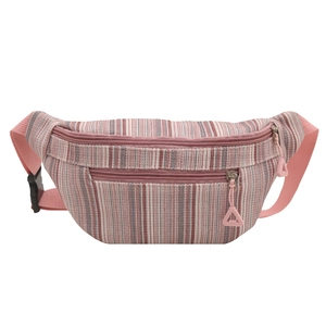 Pink striped crossbody chest bag with adjustable strap and large capacity design