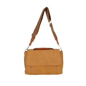 Minimalist brown faux suede crossbody bag with large flap and adjustable wide strap