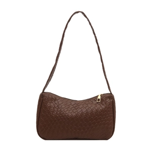 Dark brown woven leather crossbody bag with retro minimalist design and gold zipper