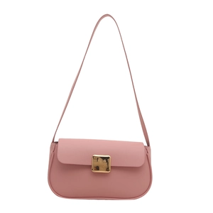 Minimalist pink leather shoulder bag with a polished gold square buckle for women