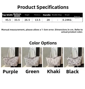 Detailed size specifications for large butterfly tote bag showing four color variants