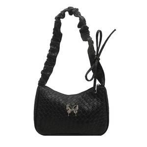 Black woven hobo bag with silver butterfly buckle and ruched shoulder strap on white base