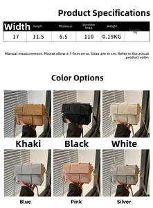 Size chart and color guide for woven texture crossbody bag with detailed dimensions