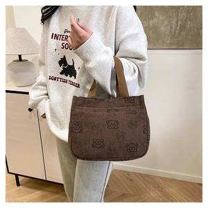 Détail du sac à main en velours côtelé marron avec motif ours et anse robuste