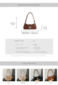 Size chart showing width 30cm, height 13cm, and thickness 5.5cm for the PU leather bag