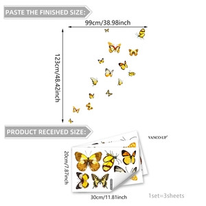 Layout showing set of 3 yellow butterfly window stickers with dimensions and final effect