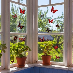 Vibrant red and black butterfly window stickers on a sunlit glass pane with green plants