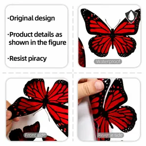 Detail showing waterproof red and black butterfly stickers with front and back views
