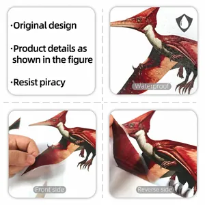 Detail of waterproof red pterosaur wall sticker showing front and reverse side texture