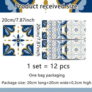 Größentabelle für selbstklebende Fliesen mit 12 Stück 20x20cm blauen Blumenwandaufklebern