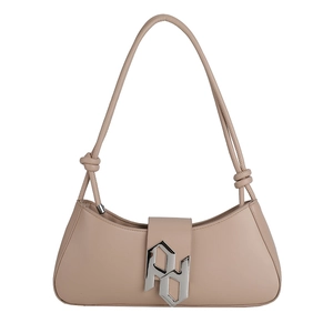Fashionable beige rectangle shoulder bag with silver PD metal buckle and knotted strap