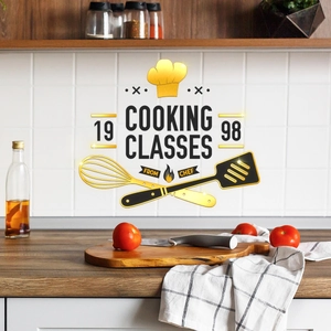 Vinilo decorativo de clases de cocina con gorro de chef y utensilios en pared