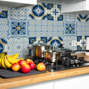 Detail of waterproof mosaic tile stickers with vintage blue and yellow mandala patterns