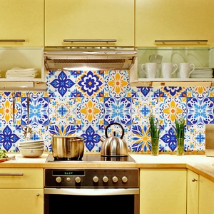 Detail of Moroccan style waterproof tile stickers with blue and orange mandala patterns