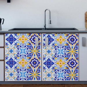 Detail of Mediterranean Azulejo pattern wall stickers on white kitchen cabinets