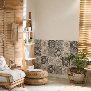 Detailed view of gray mandala and geometric tile stickers used as a decorative wall border