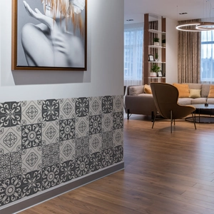 Detail of waterproof grey and white mandala geometric tile stickers in a modern living room
