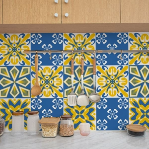 Waterproof retro blue and yellow marble pattern PVC wall tile stickers for kitchen backsplash
