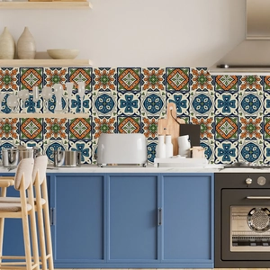 Moroccan style vintage marble tile sticker as backsplash in kitchen interior