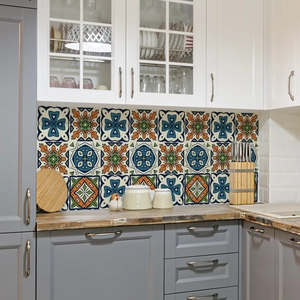 Close-up of geometric marble patterns on kitchen backsplash tile stickers