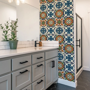 Retro geometric marble pattern wall stickers applied on a modern bathroom backsplash