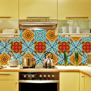 Close-up of Moroccan style self-adhesive tile stickers for kitchen backsplash decoration