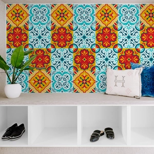Retro geometric marble pattern wall stickers with colorful bohemian tiles design