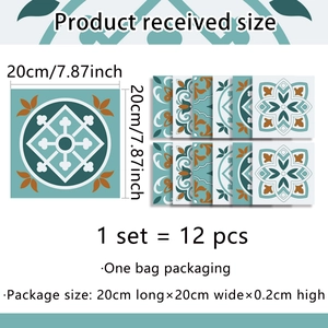 Detail view of 12-piece floral geometric tile sticker set with 20x20cm dimensions