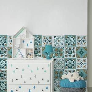 Mediterranean geometric tile stickers and raindrop decals on a white drawer cabinet