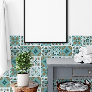 Detailed view of self-adhesive Azulejo Mediterranean tile stickers for bathroom wall decor