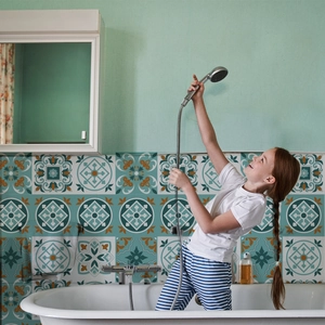 Waterproof self-adhesive wall tile stickers with vintage blue and orange patterns for bathroom