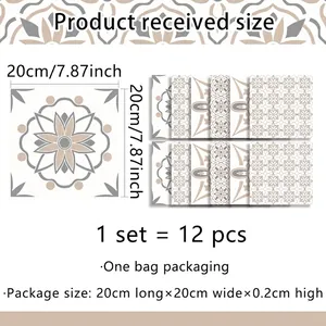 Size chart showing 20x20cm vintage marble pattern tile stickers in a 12-piece set