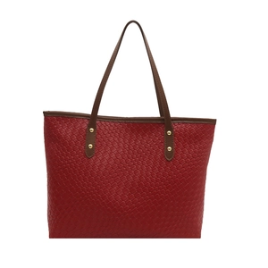 Sac fourre-tout tissé rouge avec lanières en cuir marron et détails de clous dorés