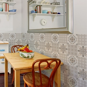 Detailed pattern of French mandala self-adhesive wall tiles in neutral beige and grey