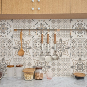 French vintage mandala tile stickers with geometric patterns for kitchen wall decor