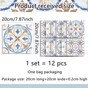Detail showing set of 12 vintage French pattern tile stickers 20x20cm for wall decor