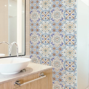 Mediterranean style self-adhesive tile stickers featuring vintage blue and ochre patterns