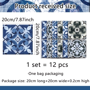 Set of 12 blue floral geometric self-adhesive tile stickers for home wall decor
