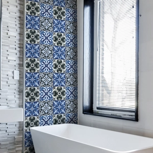 Self-adhesive Mediterranean floral wall tile stickers in blue and grey for bathroom decor